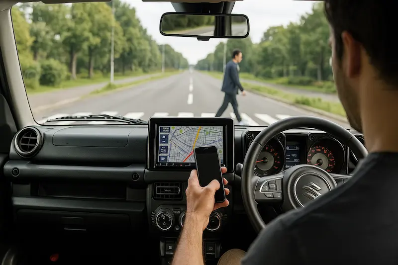 ジムニーを運転中にながらスマホで前方不注意の様子